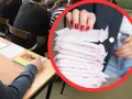 W sali lekcyjnej, gdzie uczniowie siedzą przy ławkach, widać stos podpasek. To ważny element higieny, który może pomóc w codziennym funkcjonowaniu.