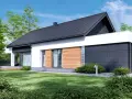 Nowoczesny dom z drewna i białego tynku, projekt homekoncept 44, otoczony zielenią.
