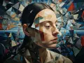 Portret kobiety, której twarz i ciało są fragmentowane w geometryczną projekcję. Tło tworzy abstrakcyjny krajobraz morski.