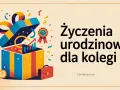 Kolorowy prezent z konfetti i wykresami, symbolizujący fajne życzenia urodzinowe dla kolegi.