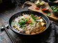 Gorący, aromatyczny makaron pho z tofu, kiełkami fasoli, kolendrą i chili, paruje na drewnianym stole.