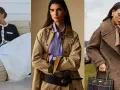 Eleganckie stylizacje dla gości: czarny kardigan, beżowa kurtka i brązowy płaszcz w kratę. Inspiracje, jak ubrać się na chrzciny.