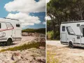 Två coola husbilar, en redo för äventyr i stenig terräng, den andra elegant parkerad vid en skog.