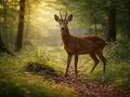 Un jeune cerf, membre de la famille du chevreuil, se tient sur un sentier forestier baigné de soleil.