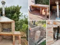 Dettagli di un barbecue fai da te in costruzione: mattoni, cappa, griglia e camino.