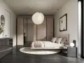 Camera da letto con letto rosa, armadi a specchio e comò grigio. Un'ispirazione per arredare casa moderna elegante con stile e raffinatezza.