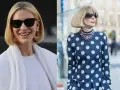 Dwie kobiety w stylowych fryzurach french bob. Jedna w białej kreacji, druga w granatowej w grochy.