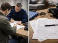 Policjant w mundurze spisuje protokół policyjny z mężczyzną. Na stole leżą dokumenty i długopis.