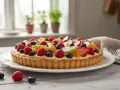 Una deliziosa crostata di frutta, con fragole, kiwi, mirtilli e lamponi, su una base dorata e crema pasticcera.