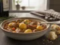 Un invitante spezzatino di manzo con patate e carote in una ciotola, accompagnato da pane fresco e un bicchiere di vino.