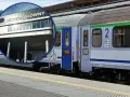 Pociąg PKP Intercity z oznaczeniem eic 8100 na tle dworca Szczecin Główny.