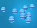 Sfere blu con la scritta "Lactoferrin" che illustrano a cosa serve la lattoferrina, una proteina benefica.