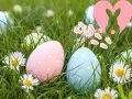 Bunte Ostereier im Gras, ein Herz mit Hase und Pfotenabdrücken. Ein fröhlicher Ostersonntag, der an die Auferstehung erinnert.