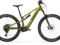 A green Co-op electric mountain bike, ready for a REI bike tune-up, with full suspension and knobby tires.