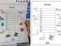 Hoja de dictados cortos con dibujos de animales y objetos. El niño completó la lista de palabras.