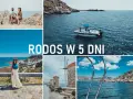 Rodos co zobaczyć: para na skałach, łódź na morzu, kobieta z widokiem na miasto, wiatraki i widok na morze.
