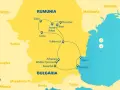 Mapa turystyczna Rumunii i Bułgarii z zaznaczonymi trasami przez góry i miasta. Widoczne lotniska na Morzu Czarnym.