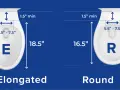 Comparing toilet seat sizes: Elongated (E) is 18.5" long, Round (R) is 16.5" long. Both have 5.5"-7.5" bolt spread.
