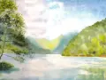 Paysage paisible, une aquarelle humide sur humide. Un arbre feuillu à gauche, un lac calme et des collines verdoyantes en arrière-plan.