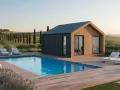Casa prefabbricata moderna con piscina e vista panoramica. Il costo di una casa prefabbricata può variare, ma questa offre un'oasi di relax.
