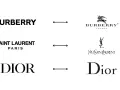 Loghi e monogrammi famosi: Burberry, Saint Laurent Paris e Dior, con le loro icone distintive.