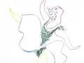 Dessin abstrait aux couleurs vives. Une ligne bleue esquisse une forme, tandis que des formations vertes et roses créent un mouvement dynamique.