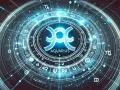 Cyfrowa mandala z symbolem Wodnika i znakami zodiaku. Ascendent Wodnik w centrum, otoczony kosmicznymi liniami i światłami.