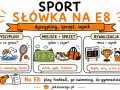 Ilustracja przedstawia słówka związane ze sportem: dyscypliny (football, swimming, tennis), miejsca i sprzęt (pitch, gym, trainers) oraz rywalizację (team, win, score a goal).
