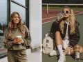 Mujer con look sport chic: una con sudadera verde y café, otra en cancha de tenis con chaqueta y agua.