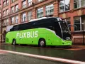 Zielony autokar FlixBus na mokrej ulicy. Wiele osób chwali sobie podróże tymi autobusami, a flixbus opinie są zazwyczaj pozytywne.