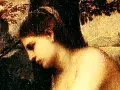 Détail du Concert champêtre titien : profil d'une femme aux cheveux sombres, baignée de lumière, dans une scène pastorale.