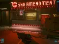 Cyberpunkowy cel: sklep z bronią "2nd Amendment" z neonowym szyldem. Gracz zbiera broń od Wilsona.