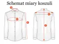 Schemat miary koszuli: obwód kołnierzyka (b), klatki piersiowej (c), długość rękawa (a), długość całkowita (d) i szerokość ramion (e). Jaki to rozmiar XL?