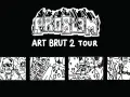Problem Art Brut 2 Tour. Cztery czarno-białe grafiki w stylu art brut: mężczyzna w okularach i cygarem, grill, helikopter i twarz.
