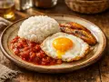 Plato de arroz a la cubana receta: arroz blanco, huevo frito con yema líquida, plátanos maduros fritos y salsa de tomate.