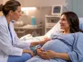 Lekarka z troską dotyka brzucha ciężarnej pacjentki, która leży w szpitalnym łóżku. Rozwarcie do porodu postępuje, a przyszła mama uśmiecha się do lekarki.