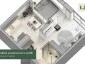 Rozkład mieszkania z kuchnią, jadalnią, sypialnią i salonem, zgodny z zasadami feng shui.
