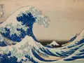 La Grande Vague de Kanagawa, une des plus célèbres oeuvres d'art connues, montre des bateaux luttant contre une vague immense, avec le Mont Fuji en arrière-plan.