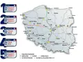 Mapa Polski z zaznaczonymi płatnymi autostradami i odcinkami bezpłatnymi. Podano ceny za przejazd.