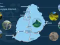 Mauritius plan zwiedzania: mapa z trasą przez wyspę, wodospady, plaże, żółwie i kolorowe parasole.