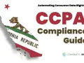 California map with bear, "Automating Consumer Data Rights CCPA Compliance Guide" text. Learn the CCPA meaning and how to comply.