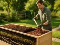 Mann schaufelt rindenmulch ins hochbeet. Die Schichten des Beetes sind sichtbar: Äste, Pflanzenreste, Erde und Mulch.