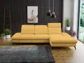 Un salon moderne avec un canapé jaune moutarde, un tapis gris foncé et des plantes vertes. Quelle couleur associer avec un canapé jaune moutarde ? Le gris est une excellente option.