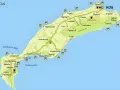 Mapa turystyczna greckiej wyspy Kos z zaznaczonymi miejscowościami, plażami i górami.