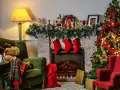 Acogedora sala con chimenea, árbol de Navidad y sillones. Una decoración navideña sostenible que invita a la calidez del hogar.
