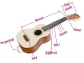 Eine kleine Gitarre, eine Ukulele, mit Beschriftungen für Mensur, Hals, Griffbrett, Steg, Korpus, Kopfplatte und Sattel.