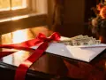 Koperta z pieniędzmi, przewiązana czerwoną wstążką, czeka na to, ile daje się na wesele.