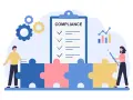 Puzzle pieces form a base for a compliance checklist, gears, and a graph, symbolizing the structured approach to social media compliance.