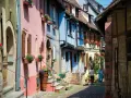 Charming street with colorful houses, perfect for day trips from Strasbourg. Two women stroll past flower-filled window boxes.