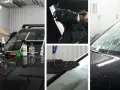 Man applicerar glaco glasförsegling på en bilruta. Vatten pärlar sig på den behandlade ytan.